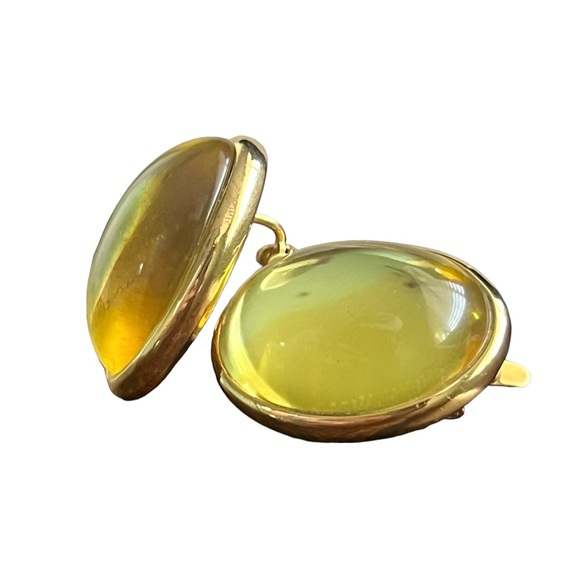 π«SOLDπ« Trifari β’ Yellow Jelly Lucite Cabochon Gold Tone Clip On Earrings 1980s - Picture 3 of 9